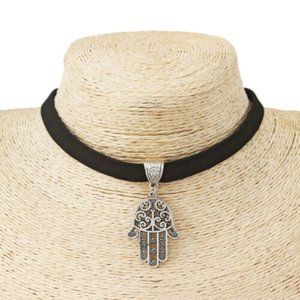 Necklace - Choker  ~ Black ~ Silver ~ Hamsa Hand Charm